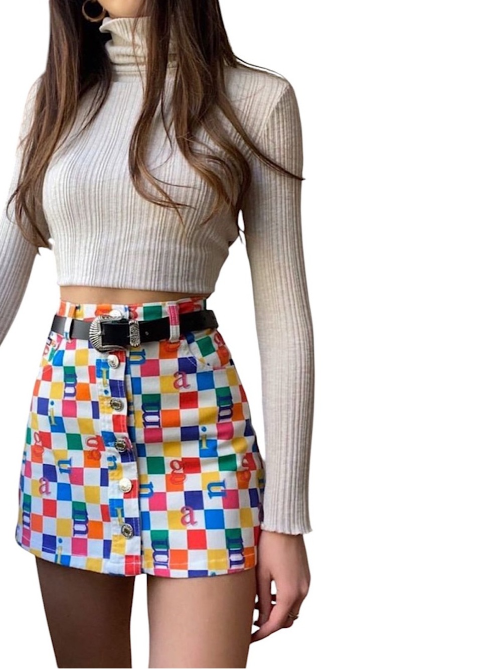 Minga London Women’s Rainbow Check Mini Skirt Size 2 USA Button Front Multicolor - Picture 2 of 9